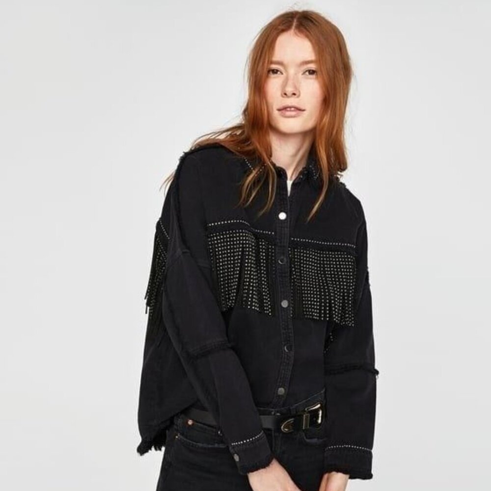 ZARA Bejeweled Fringe Jacket, Black, Large